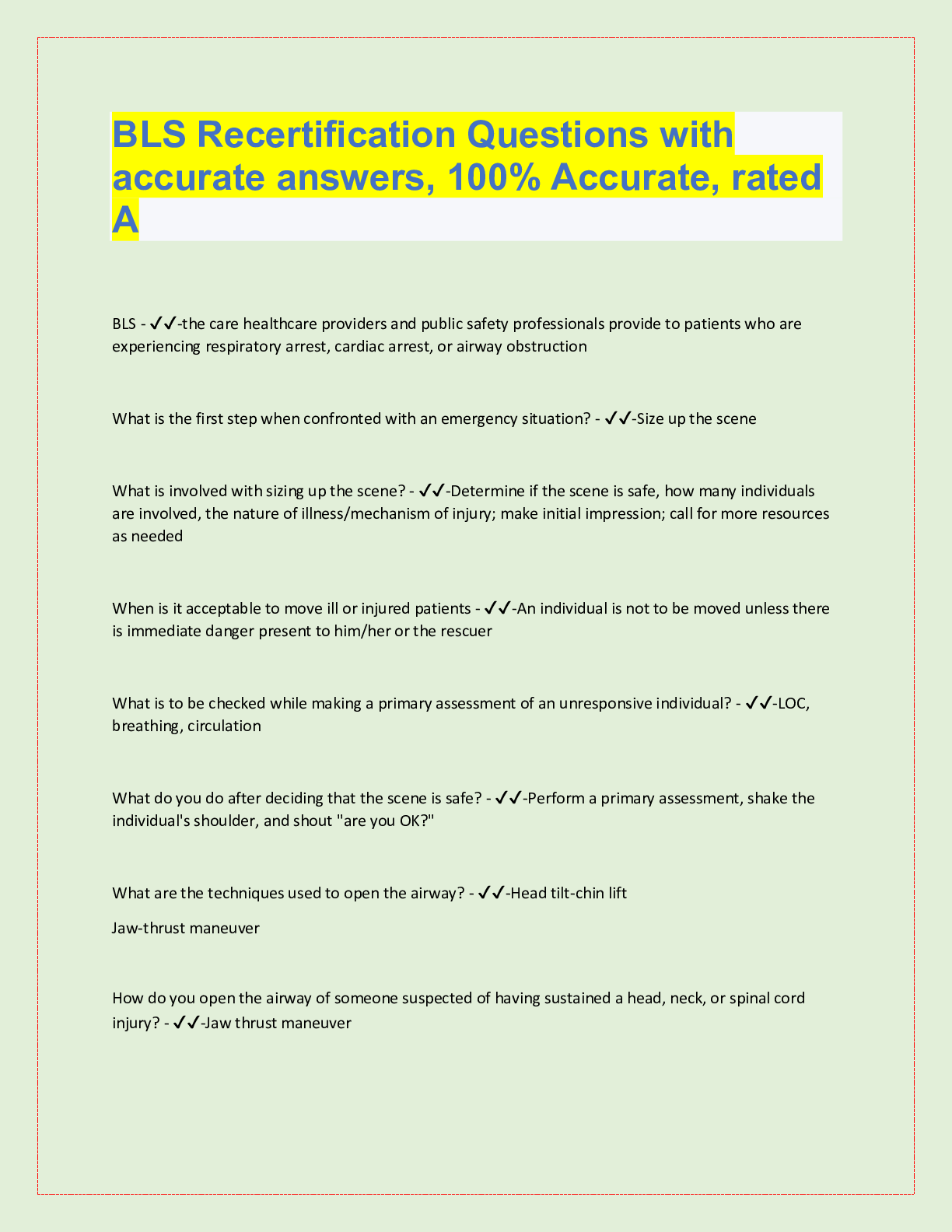 Preview image for BLS Recertification Questions with  accurate answers, 100% Accurate, rated  A